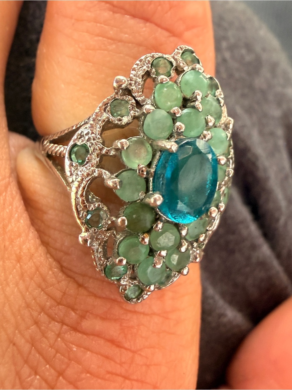 Ethiopian Blue Opal & Emerald vintage 
Ring 925 Silver 14K WG Sz8.5 - Picture 17 of 17